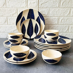 Patram Hand Painted Ceramic Dinner Set - 18 Pieces, White & Blue | 6 Dinner Plates + 6 Katori Bowls, 180ml Each+ 6 Quarter Plates Dinnerware Set | Serving For 6, Microwave Safe
