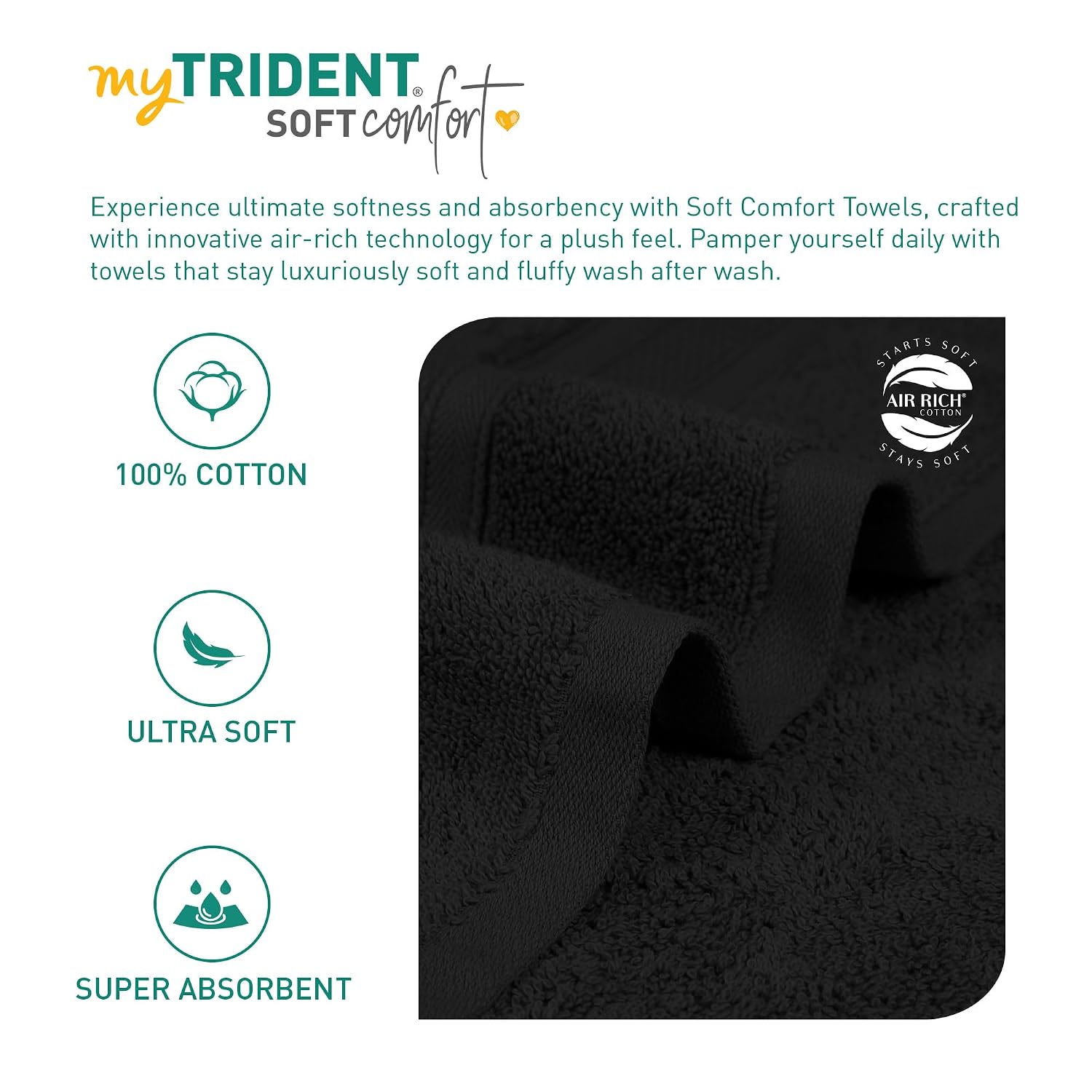 Trident Soft Comfort Air Rich 100% Cotton Bath Towels 500 Gsm | Large Size Bathroom Towels For Men/Women, 2 Pcs (Black)