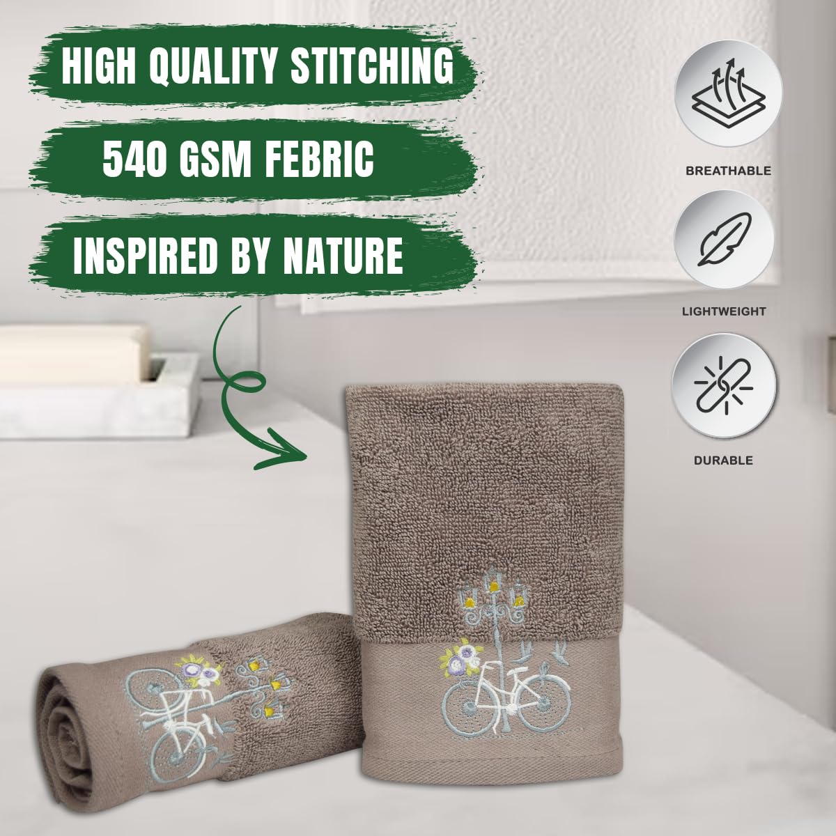 Rangoli 100% Cotton Martin Hand Towels 540 Gsm | Quick Dry, Ultra Soft, Highly Absorbent Printed Hand Towel For Men & Women Luxury & Highly Absorbent Towels - Blugrn (Set Of 2)