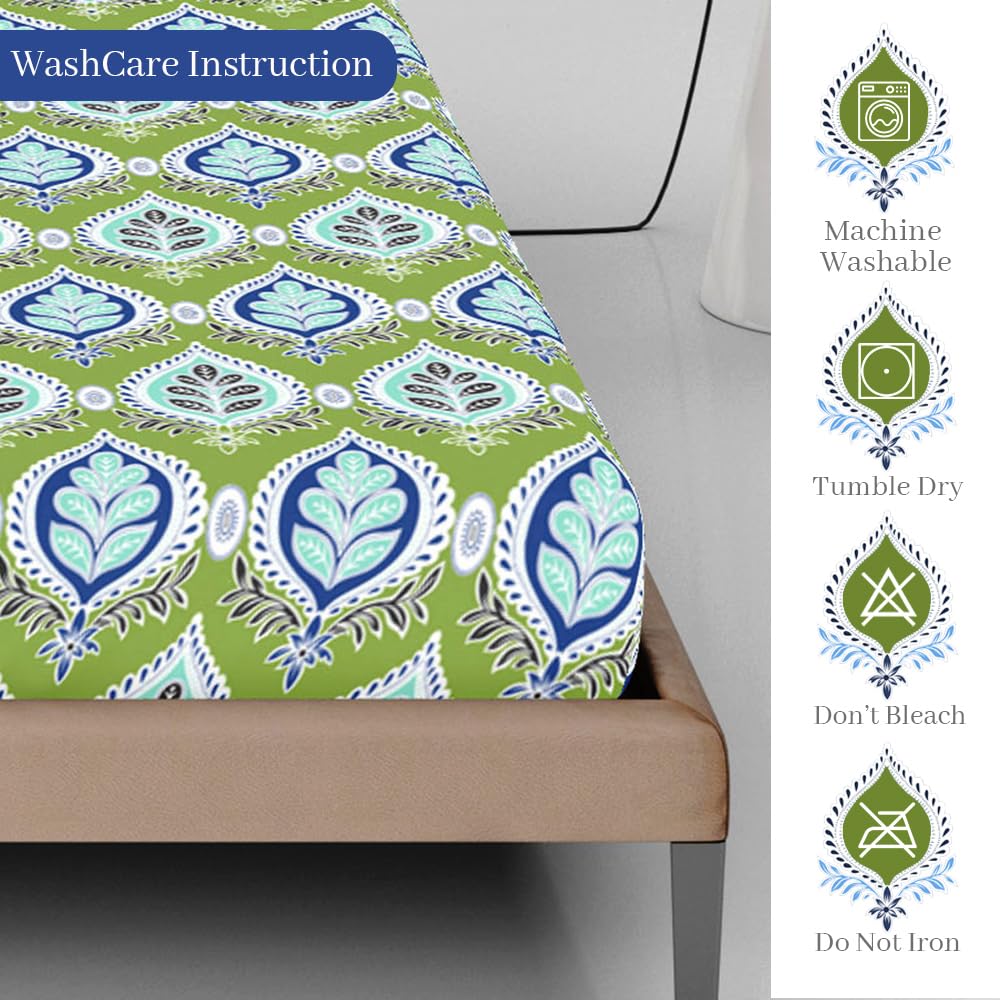 Printed King Size Double Bedsheet With 2 Pillow Cover For Bedroom | 72 X 78 Inches, Light Green - All Around Elastic Fitted | Ideal For Everyday Use