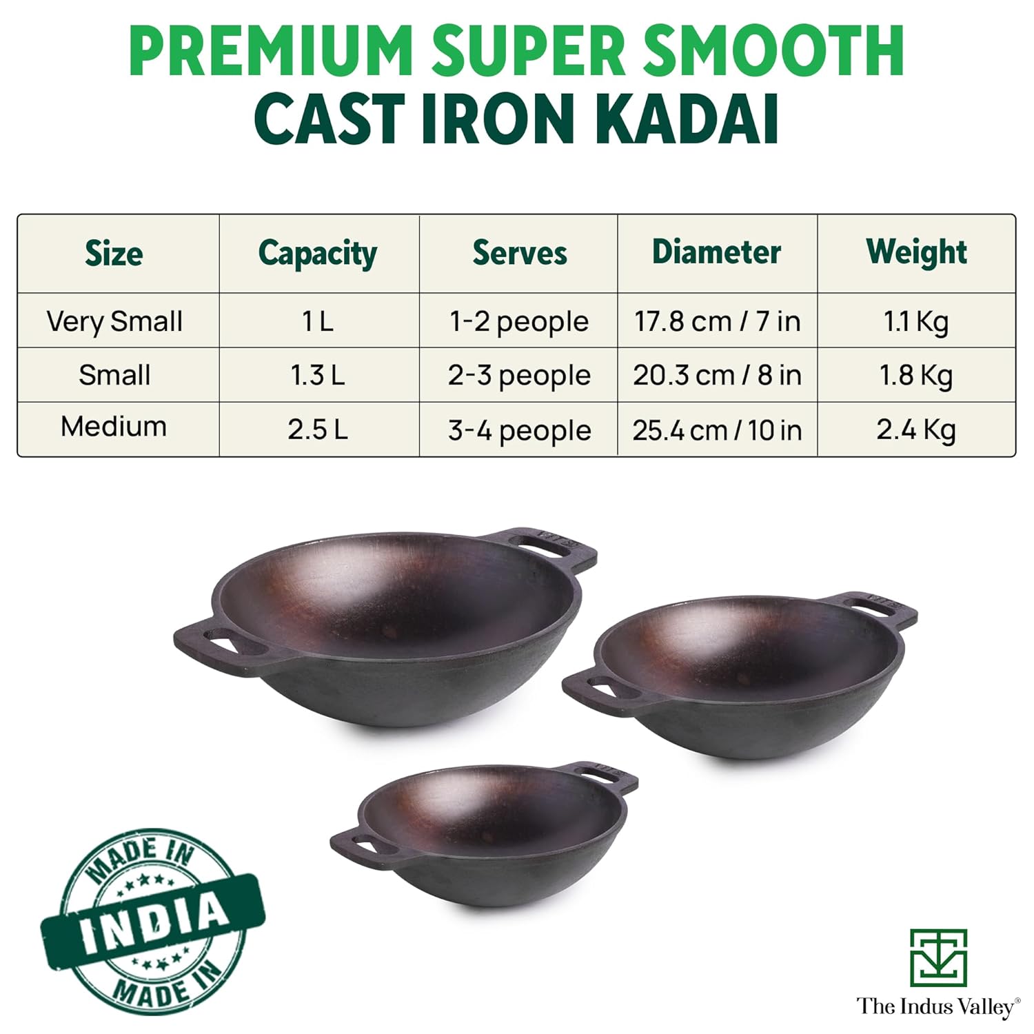 Super Smooth Cast Iron Kadai For Deep Frying - Small, 20.3cm, 8 Inch, 1.3 Liters, 1.8 Kg | Naturally Nonstick, Pre-Seasoned Kadhai, 100% Pure & Toxin-Free, No Chemical Coating