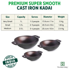 Super Smooth Cast Iron Kadai For Deep Frying With Strong Handles - Very Small, 17.8cm, 7 Inch, 1 Liter, 1.1 Kg | Naturally Nonstick, 100% Pure & Toxin-Free, No Chemical Coating