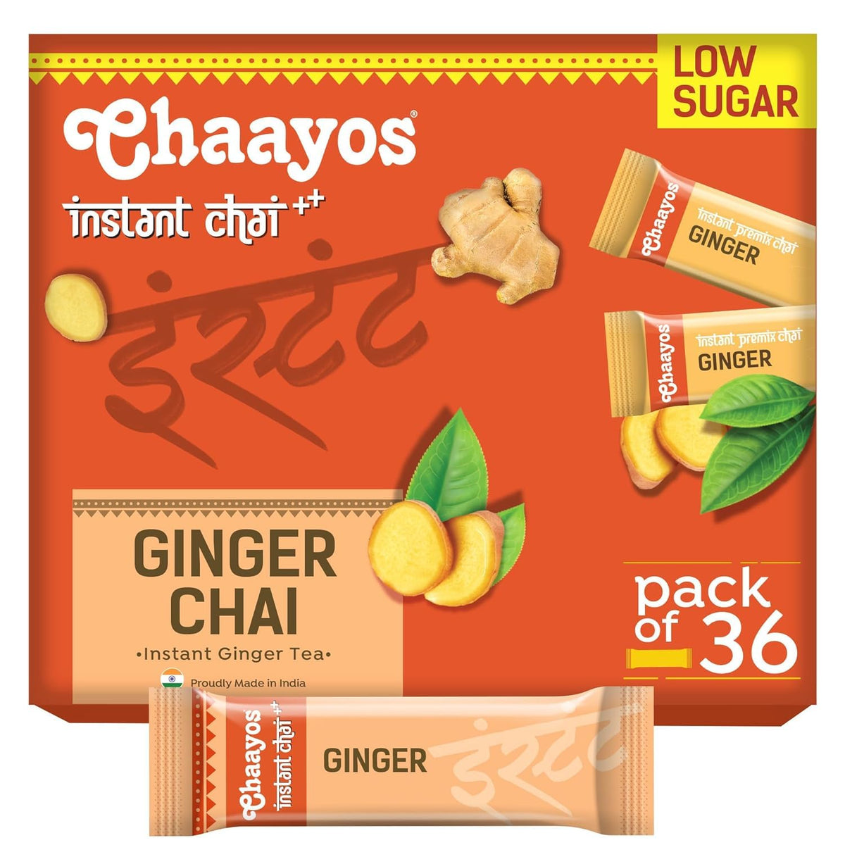 Chaayos Instant Premix Ginger Chai - 36 Sachets, 288gm, 10.1 Ounce | Instant Ginger Assam Tea - Low Sugar, Hassle Free | Strong Golden Chai
