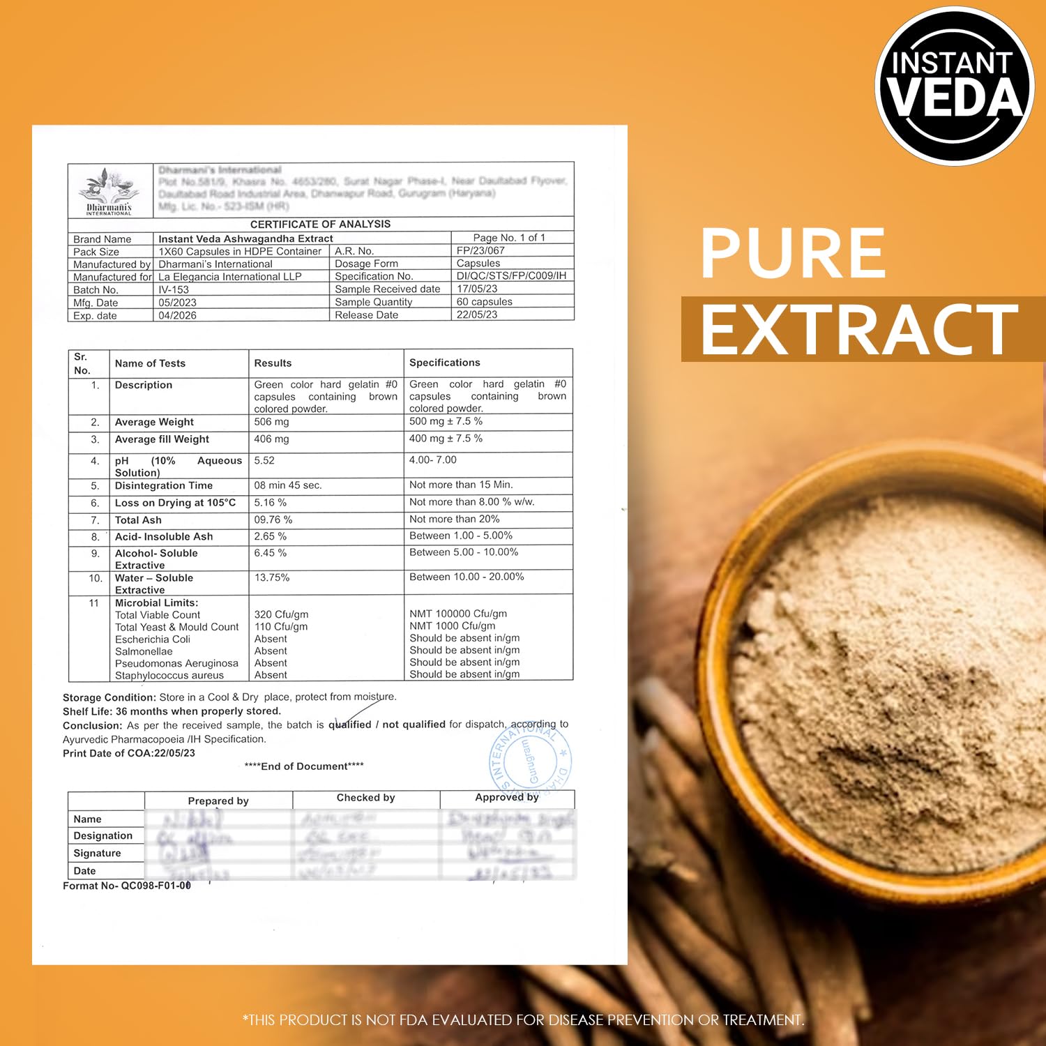 Instant Veda Pure Extract Ashwagandha Capsules For Men & Women For Energy Strength & Stress Relief | 60 Veg Capsules 100gm 0.2lbs
