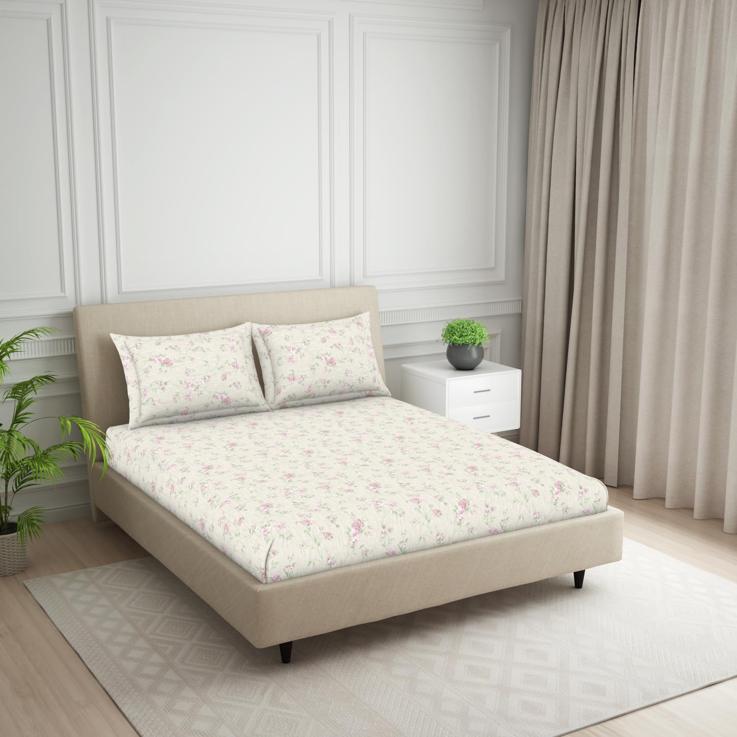 King Size Double Bedsheet 2 Matching Pillow Cover - 108 X 108 Inches, Beige | Durable & Long Lasting Wrinkle Resistant Fabric - All Season Comfort