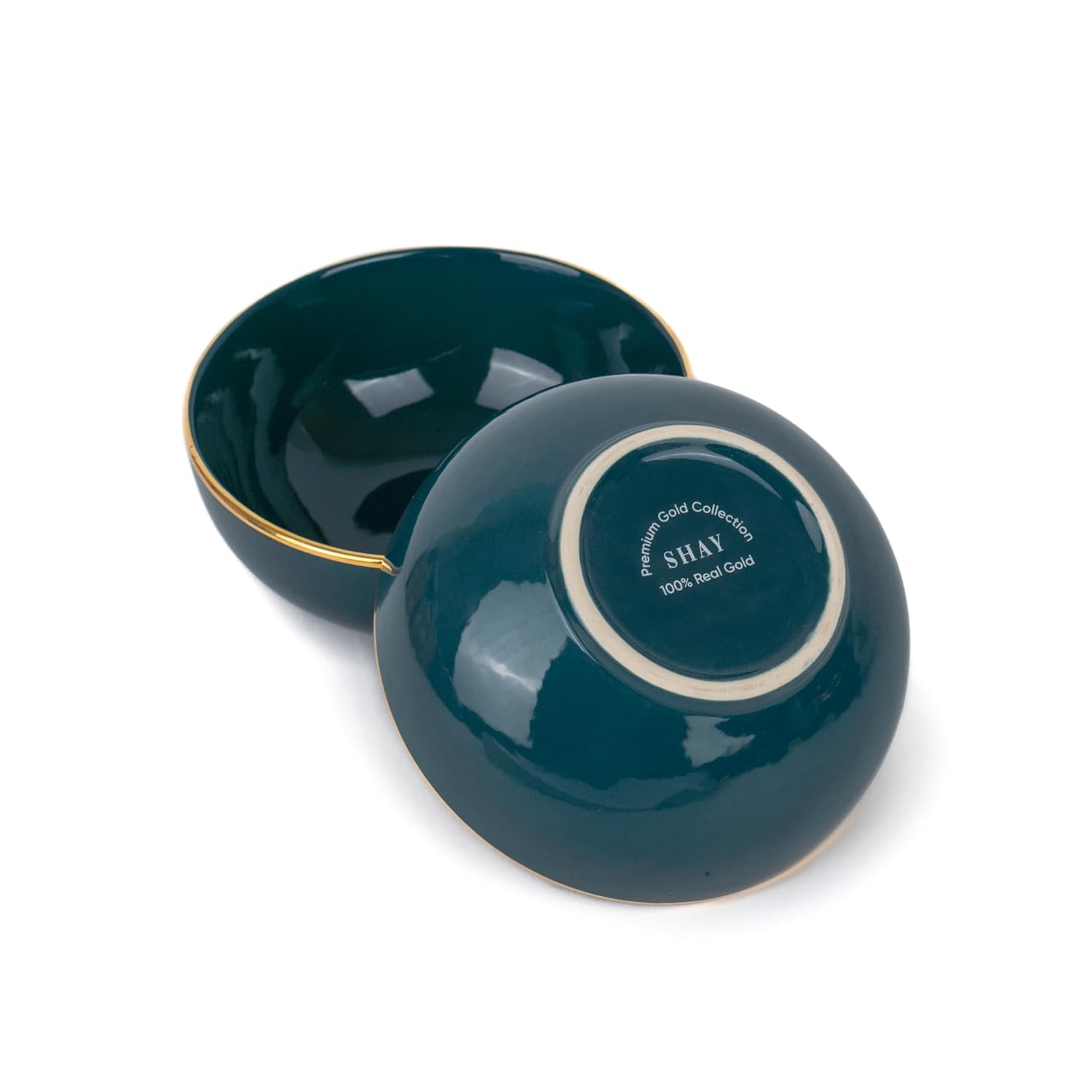 Ceramic Veg Bowls Set Of 6 For Dinner - 180ml Each, Teal Gold | Katori Set With Glossy Finish - Ceramic Bowls Set Of 6 | Dessert Bowl Set - Ice Cream Bowls | Microwave Safe & Dishwasher Safe