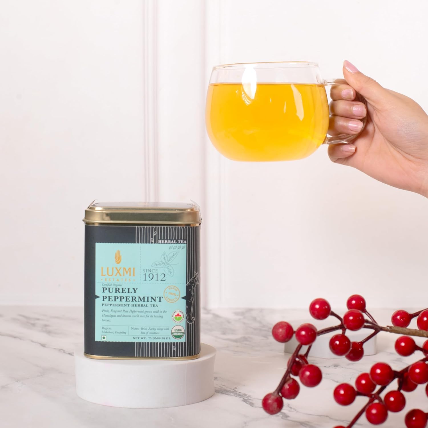 Luxmi Estates Lemon Ginger Root 100gm Tin, 3.5 Ounce + Purely Peppermint 25gm Tin, 0.8 Ounce Herbal Tea | USDA Certified Organic Tea - Caffeine Free Herbal Tea