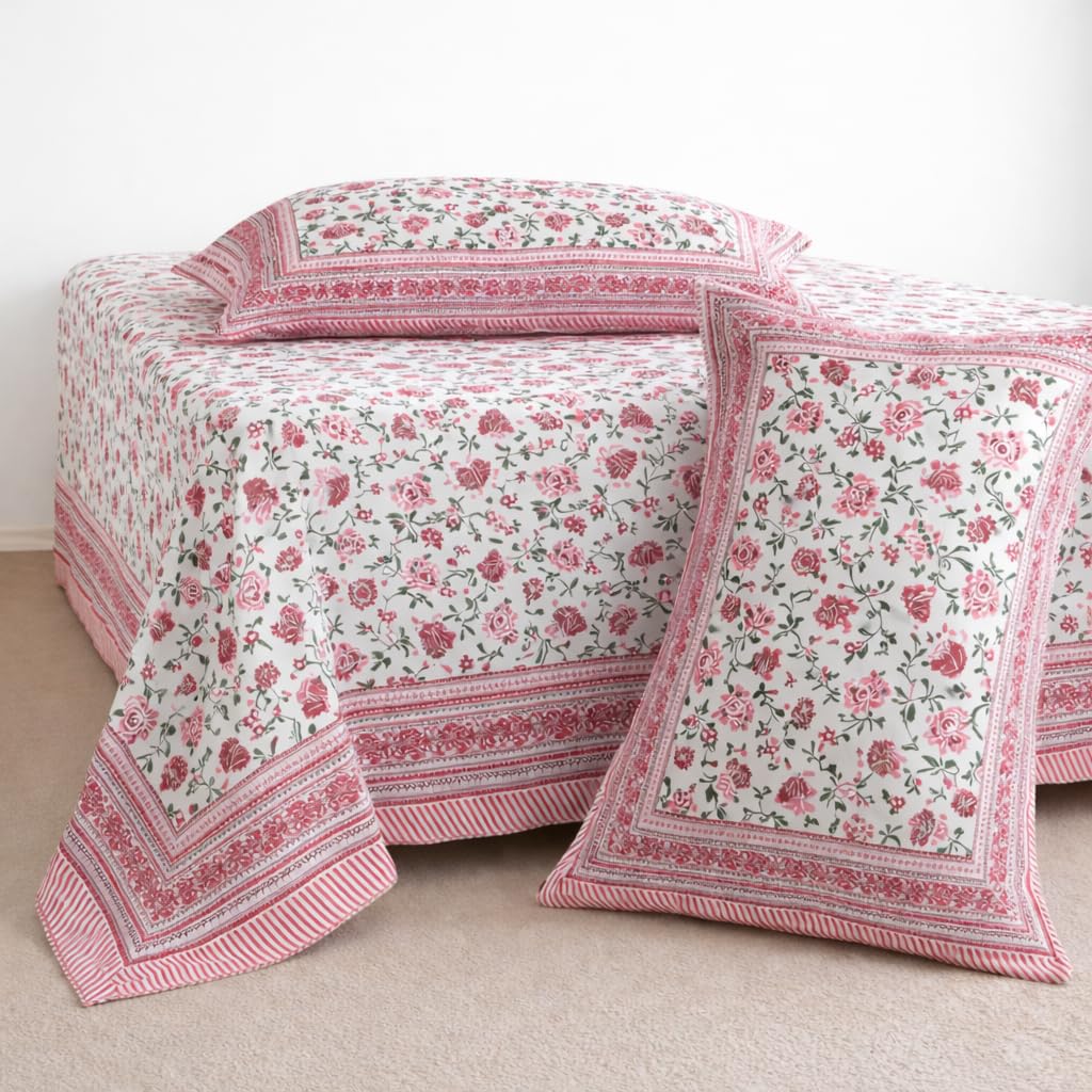 Pure Cotton Double Bedsheet For King Size With 2 Pillow Covers | 90 X 108 Inches, White & Pink | Ultra-Soft & Skin-Safe | Breathable Summer Comfort