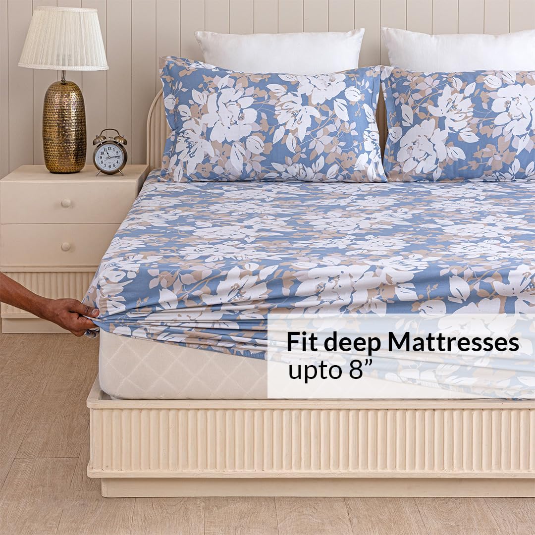 Double Size Elastic Fitted Bedsheet With 2 Pillow Covers - (72 X 72 Inches, Blue & White) | Wrinkle Free Bed Sheets | Perfect For Home Decor & Gifting