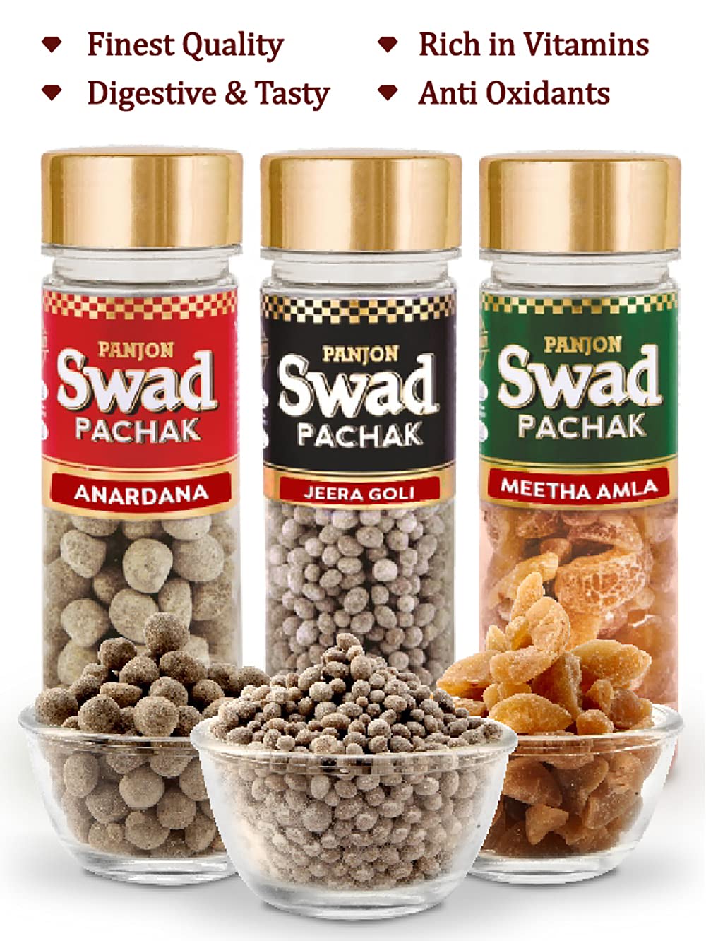 Panjon Swad Meetha Amla, Jeera Goli & Shahi Anardana Mukhwas 380gm, 3 Bottles