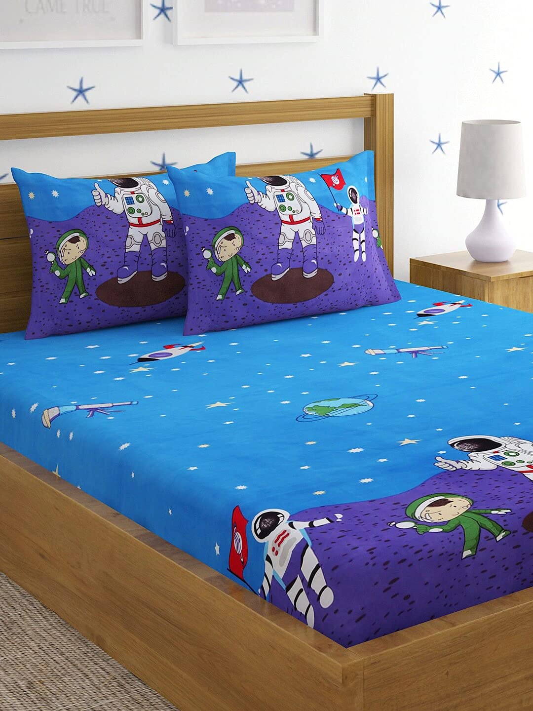 Elastic Fitted Kids Space Double Bedsheet 2 King Size Pillow Covers, Blue (90x92 Inches) | Lightweight, Soft & Breathable - Perfect For Gifting Bedsheet