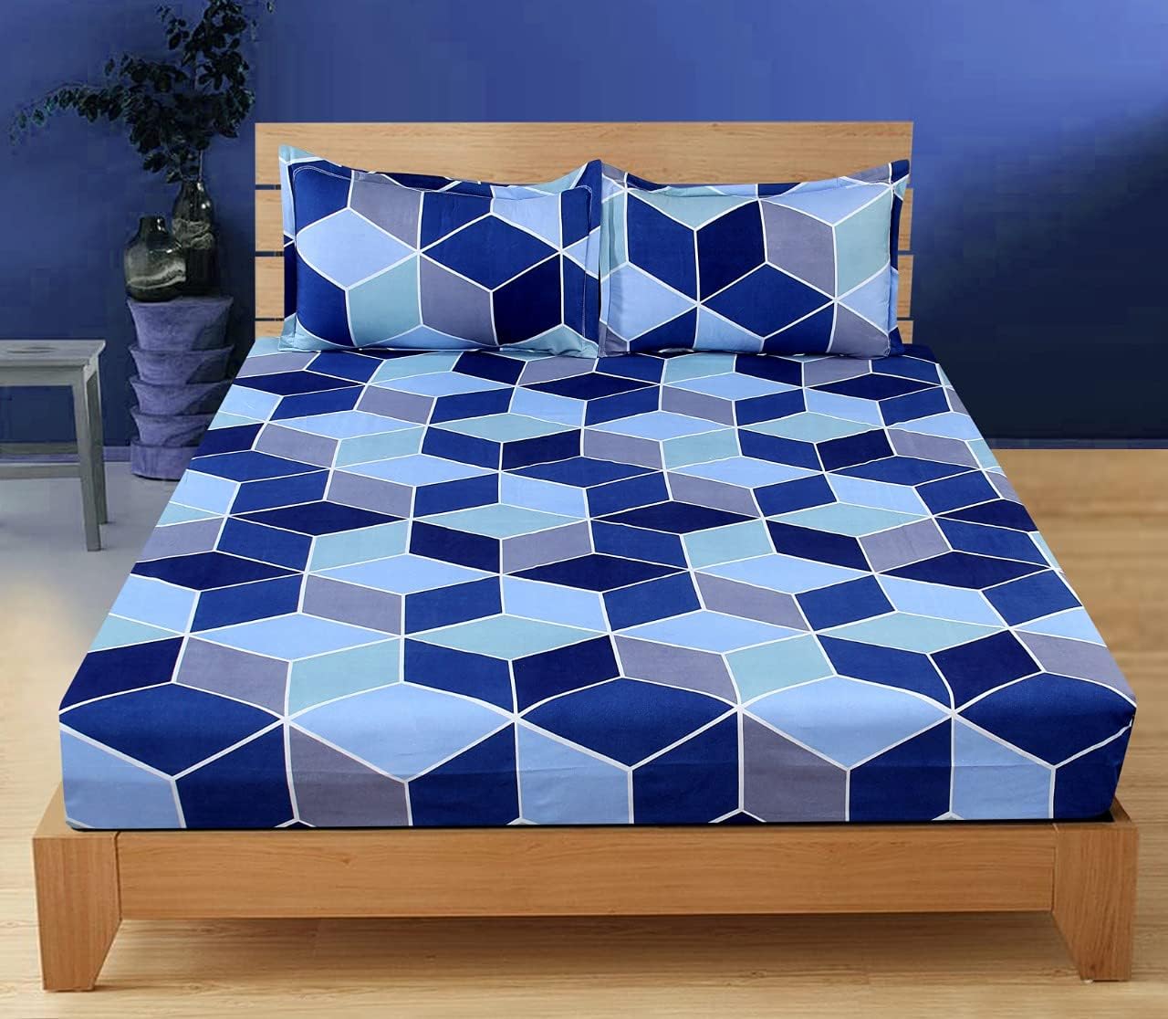 Microfiber Cotton Bedsheet Queen Size With 2 Pillow Covers - 88 X 90 Inch, Grey & Blue | 160 Thread Count-Checks Printed Double Size Bedsheet