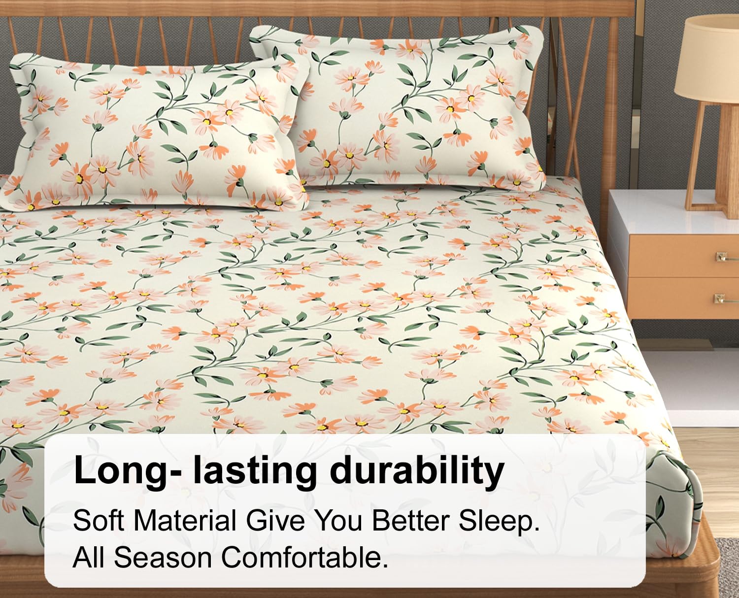 1 Elastic Fitted Bedsheet For King Size & 2 Pillow Covers - 78 X 72 Inches, Cream & Green | Elegant Floral Print Design & Skin-Friendly