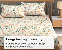 1 Elastic Fitted Bedsheet For King Size & 2 Pillow Covers - 78 X 72 Inches, Cream & Green | Elegant Floral Print Design & Skin-Friendly