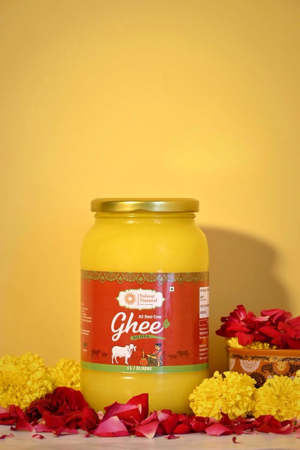 100% Pure A2 Bilona Desi Cow Ghee By Salasar Organic | Bilona Method Curd-Churned Pure Desi Ghee Good For Dishes | (1 Litre) 33.8 Ounce | Jar Pack