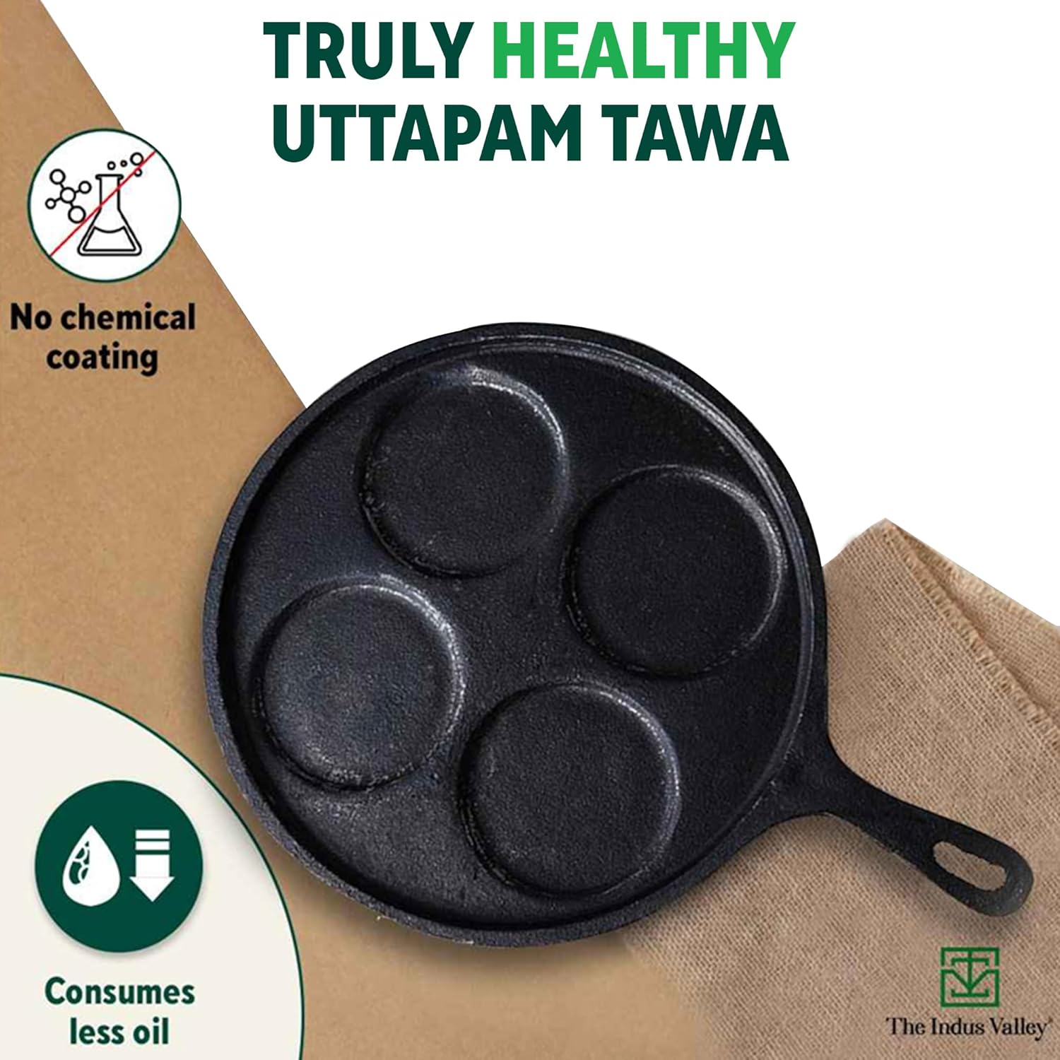 Pre-Seasoned Black Cast Iron Uttapam Tawa - 4 Pit, 27.5cm, 10.8 Inch, 2.5 Kg | Induction Friendly, Naturally Nonstick, 100% Pure & Toxin-Free, No Chemical Coating