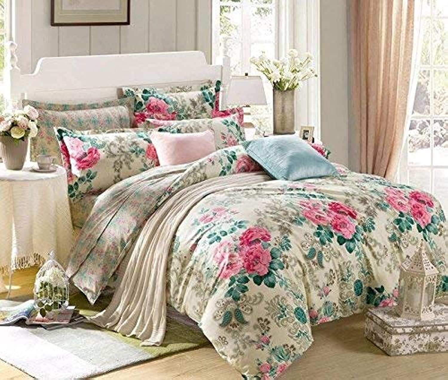 King Size Bedsheet With 2 Pillow Cover + Pillowcase Set (2 Pcs) | 110 X 108 Inches, Pink & Green | Breathable & Wrinkle Free Bedsheet