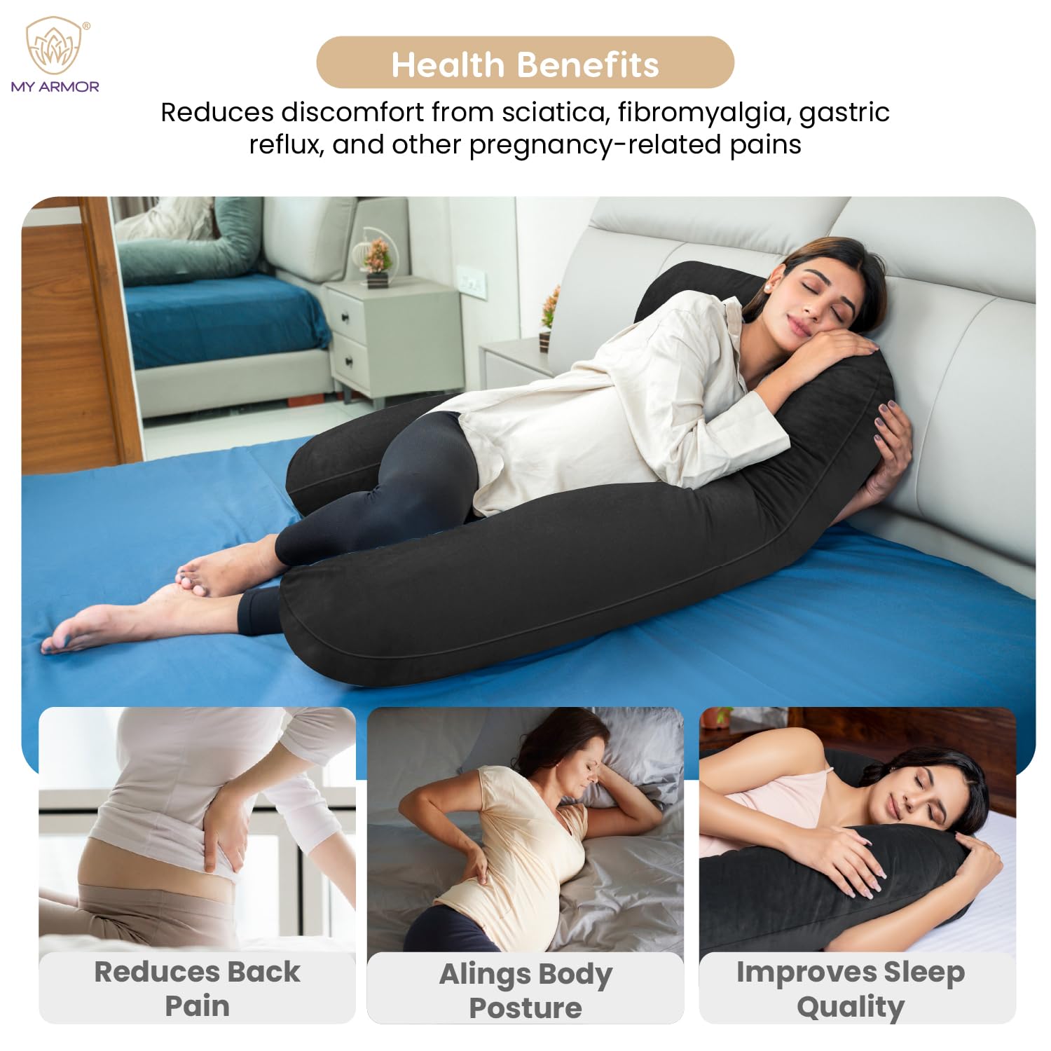 Full Body U Shape Pregnancy Pillow For Women, Maternity Pillow, Black Color | Pillow Gift For Pregnancy Sleeping, Premium Velvet Cover With Zip | Adjustable & Washable, Relieves Pain
