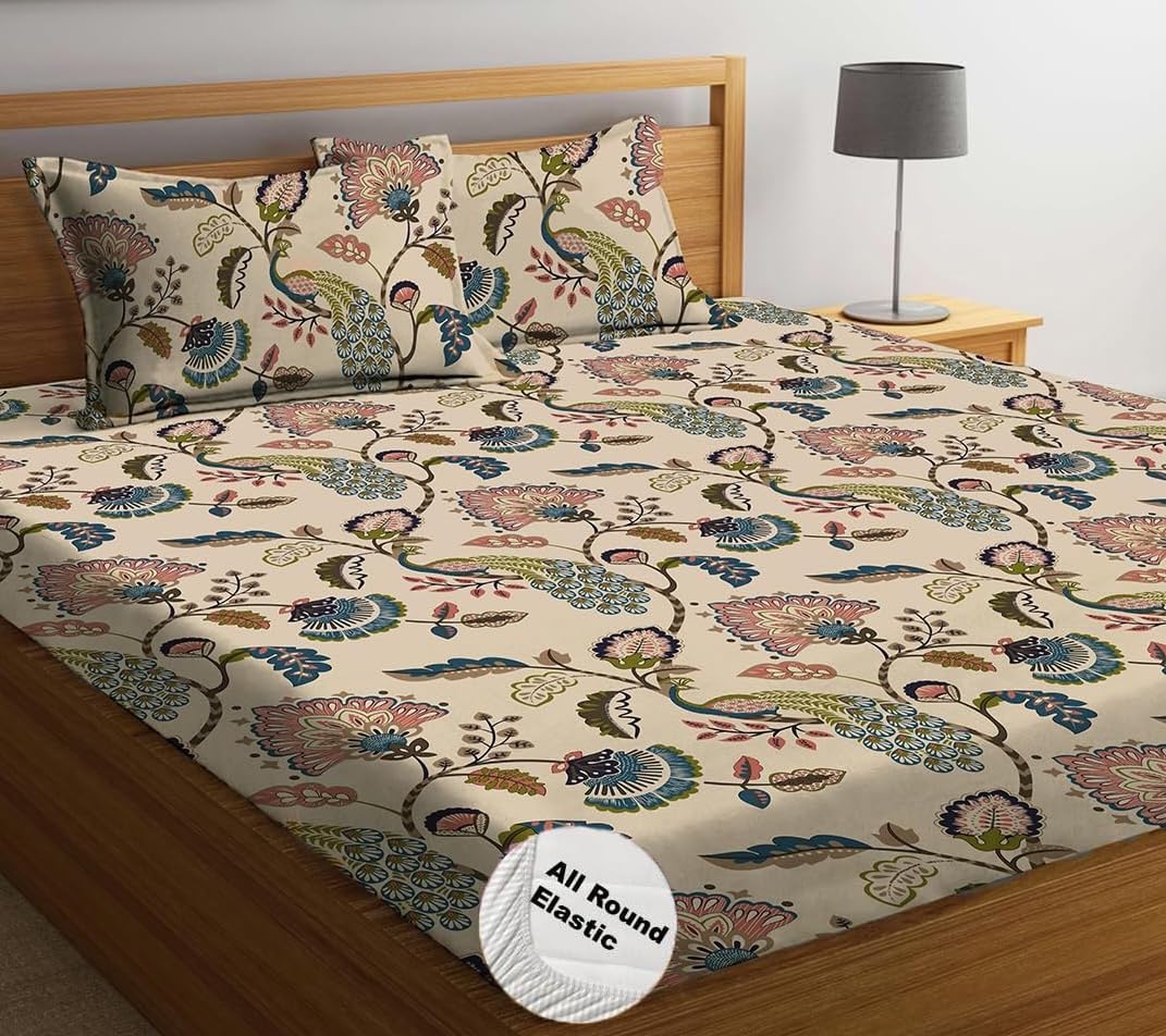 Printed King Size Double Bed Bedsheet With 2 Pillow Cover | 72 X 78 Inches, Beige | All Around Elastic Fitted Bedsheet | Softness & Comfortable Rest In Any Season