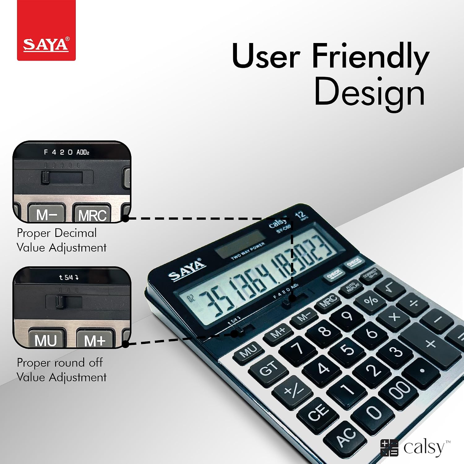 Saya Premium Desktop Calculator | 12-Digit Display, Dual Power, Check & Correct Function, Metal Face Plate | Ergonomic Design For Office & Business Use | 3-year Warranty