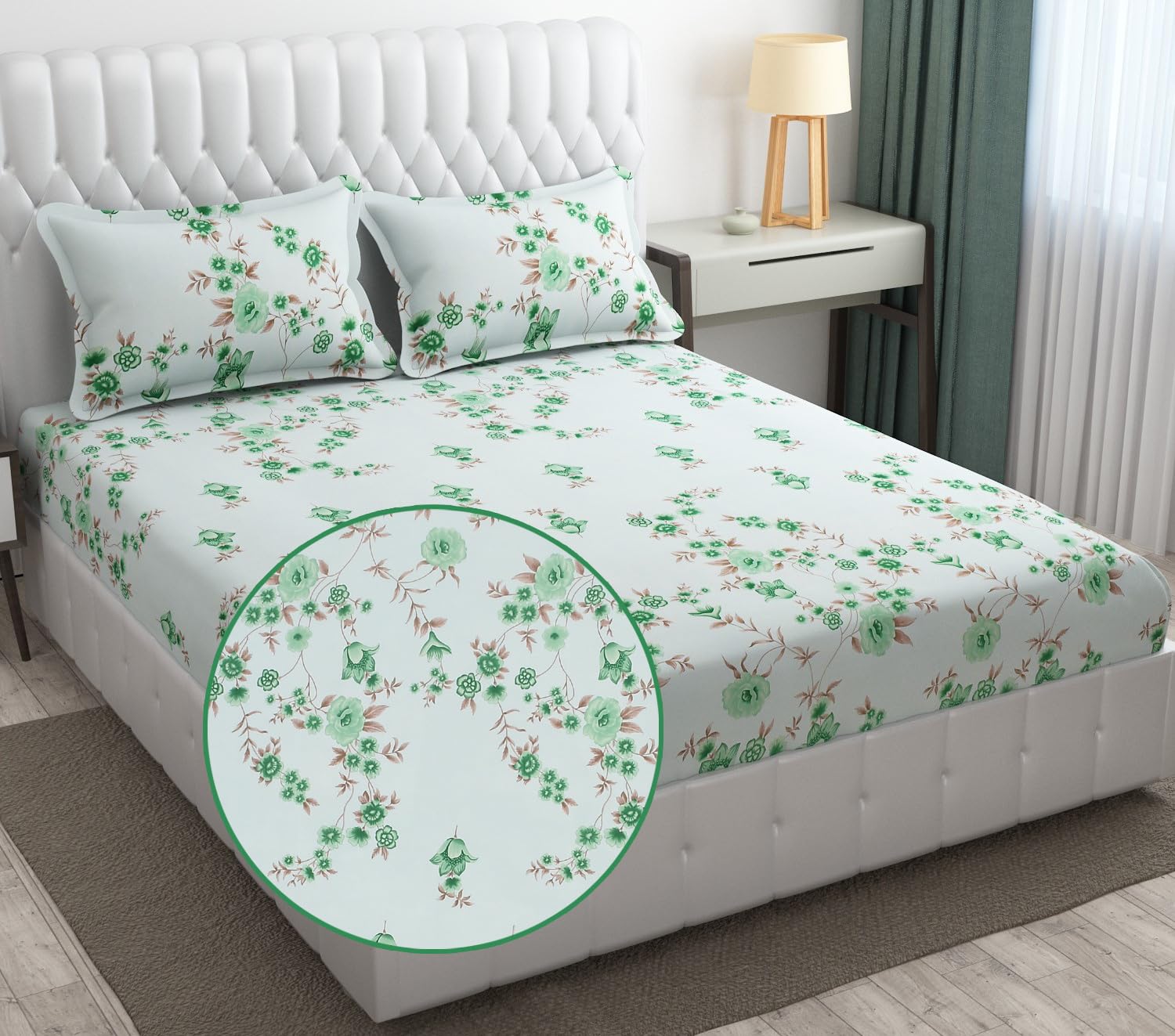 1 Elastic Fitted Bedsheet For King Size & 2 Pillow Covers - 78 X 72 Inches, Sea Green & Brown | Elegant Floral Print Design & Skin-Friendly