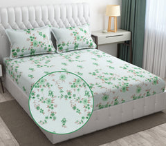 1 Elastic Fitted Bedsheet For King Size & 2 Pillow Covers - 78 X 72 Inches, Sea Green & Brown | Elegant Floral Print Design & Skin-Friendly