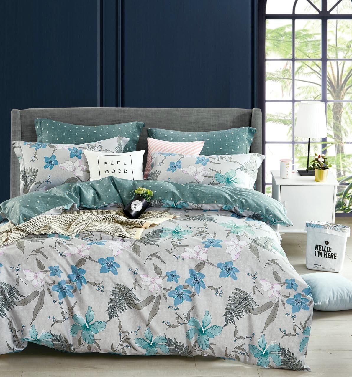 Soft Cotton Super King Size Bedsheet With 2 Large Size Pillow Covers - 108 X 108 Inches, Grey & Aqua | 240 Thread Count Suitable For All Seasons & Easy To Wash