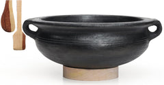 Deep Burned Uncoated Clay Pot With Handle Or Mitti Handi With 2 Spatulas Complimentary For Cooking & Serving - Black, 1 Liter | Pre-Seasoned Mud Pot - Unglazed, Double Fired, Hand Crafted