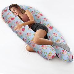 U Shaped Pregnancy Pillow, Maternity Pillow, 100% Cotton Removable Cover, Sky-Blue Flora | Super Premium Pillow For Sleeping, Versatile Use, Pregnocare Microfibers, Comfortable Pillow