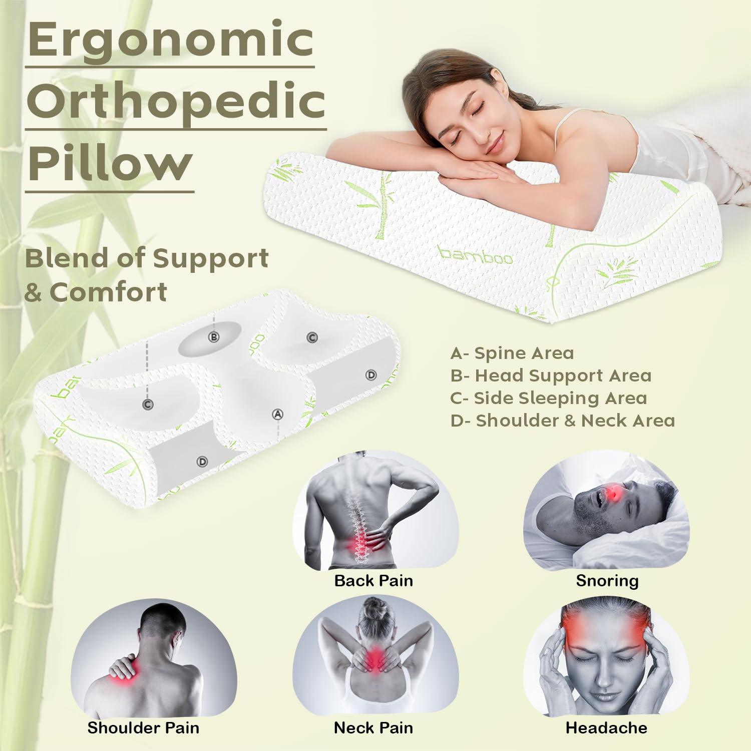 Bamboo Cervical Memory Foam Pillow For Neck & Shoulder Pain Relief, White | Orthopedic Contour Pillow For Sleeping & Spinal Alignment | Ergonomic Support, Removable Cover - Set Of 2