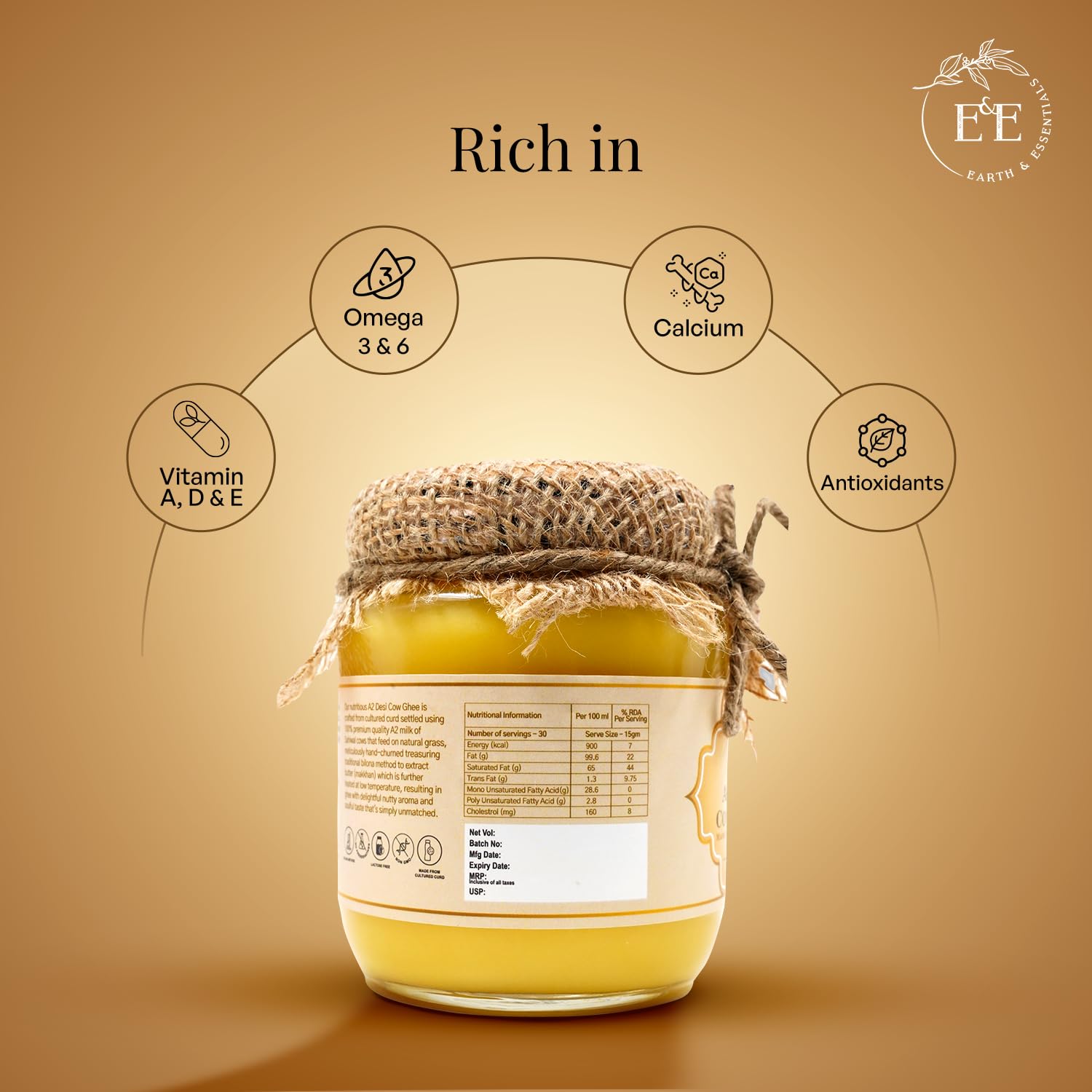 100% Natural A2 Desi Cow Ghee By Earth And Essentials | Natural & Healthy Danedar Ghee Ideal For Cooking & Skincare | 1 Liters (500ml * 2) 33.8 Ounce | Jar Pack