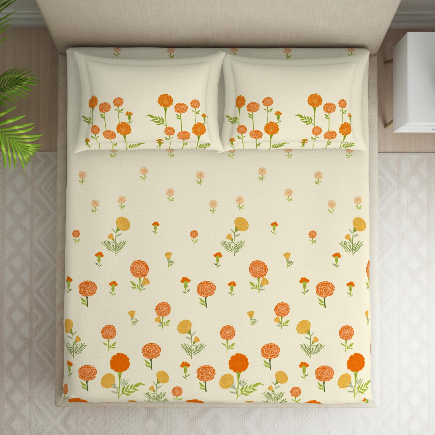 Double Bedsheet With 2 Pillow Covers (Size 88 X 100 Inch) Cream | Breathable Pure Cotton Queen Size Bedsheet | Floral Design Bedsheet