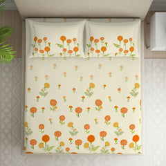 Double Bedsheet With 2 Pillow Covers (Size 88 X 100 Inch) Cream | Breathable Pure Cotton Queen Size Bedsheet | Floral Design Bedsheet