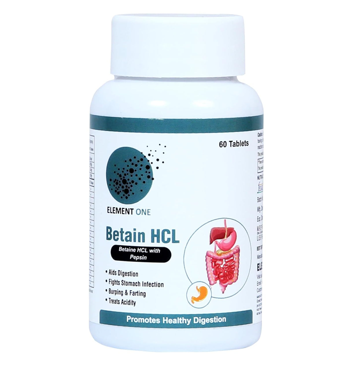 Element One Betaine Hcl With Pepsin Stomach Acid Balance & Digestive Enzymes Health Support Acidity, Indigestion, Gut Health Support, Nutrient Absorption | 60 Tablet 100gm 0.2lbs