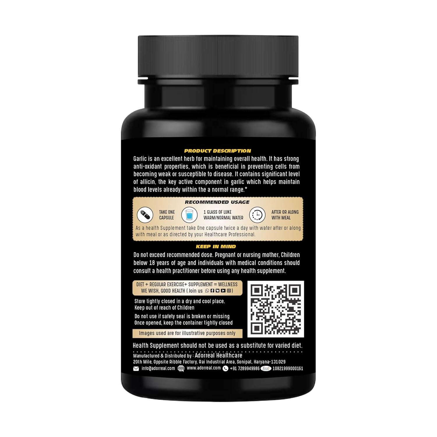 Adorreal Garlic Extract Capsules, Cardiovascular Support, Boosts Digestion, Maintains Cholesterol, Promoting Healthy Blood Flow & Circulation | 60 Capsules 100gm 0.2lbs