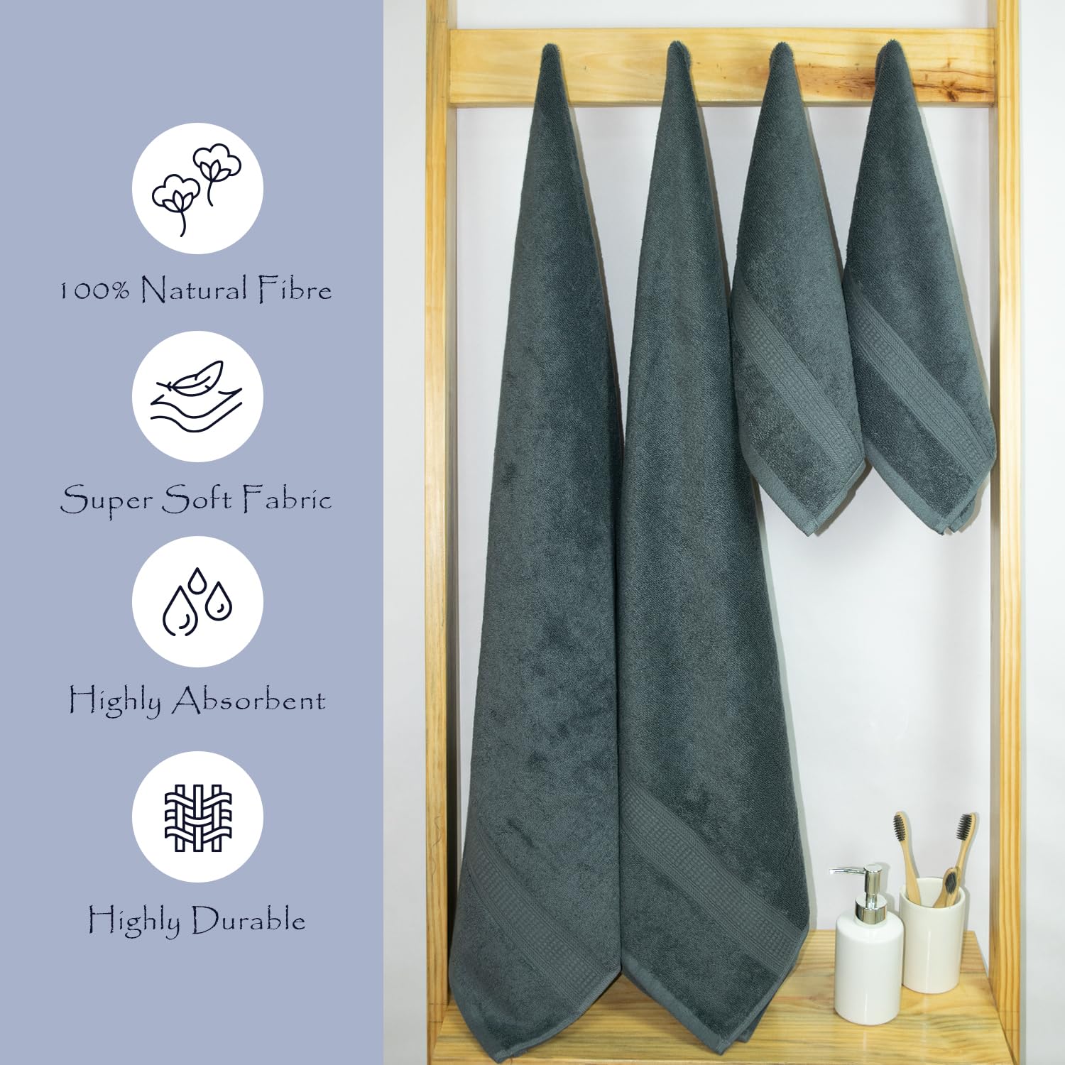 Rangoli 100% Cotton Fibre 2 Bath & 2 Hand Towel 1400 Gsm | Highly Durable & Super Absorbent Towel | Skin-Friendly & Quick Drying Luxury Towels (Grey) - Pack Of 4