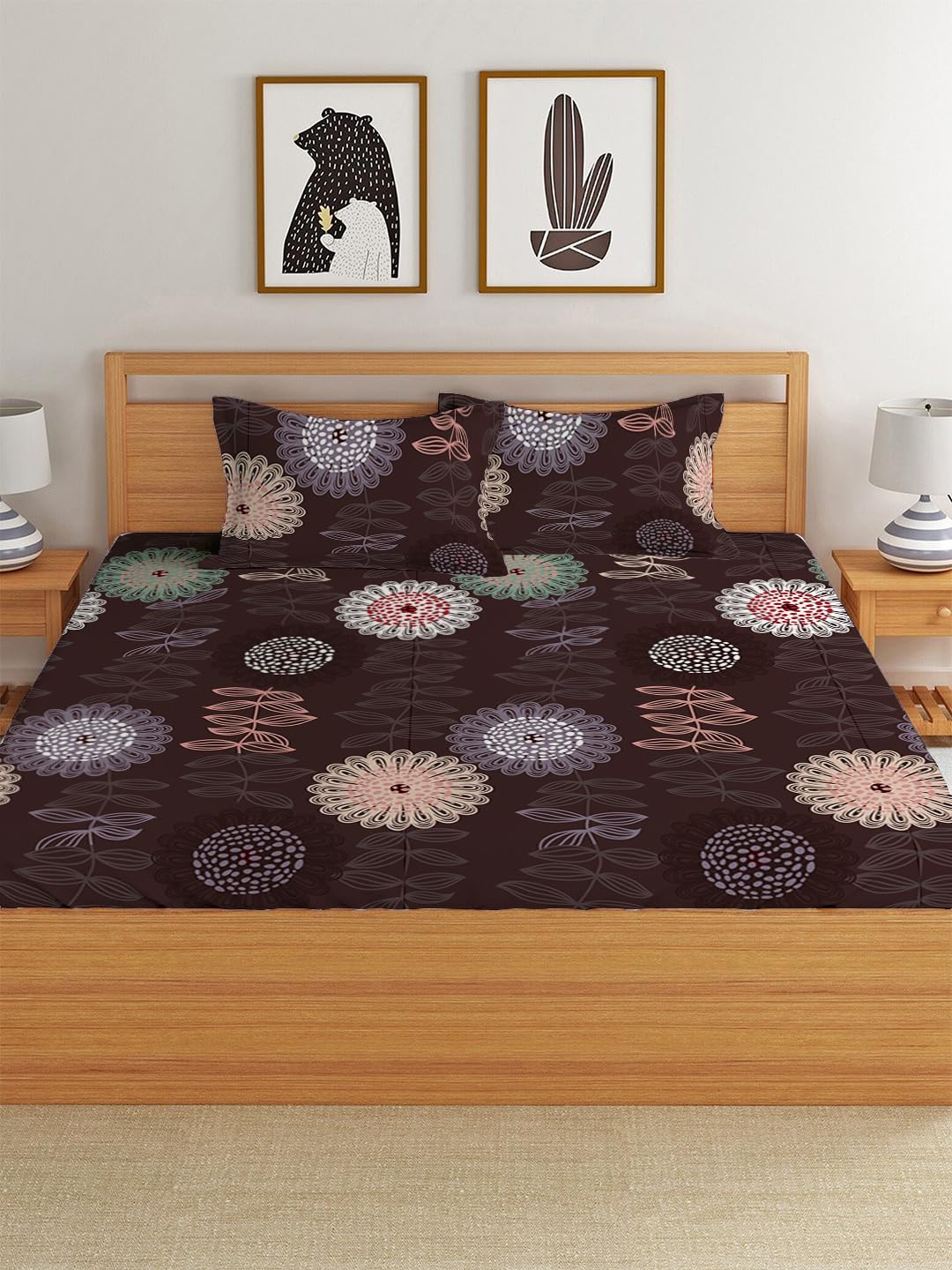 Elastic Fitted Printed King Size Double Bed Bedsheet With 2 Pillow Covers | 72 X 78 X 10 Inches, Brown | Super Soft Premium Brushed Glace Cotton Material