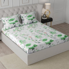 Cotton Elastic Fitted Double Bedsheet For King Size With 2 Pillow Covers - 78 X 72 + 8 Inches, White & Green | Soft Wrinkle Free & Breathable Elastic Bedsheets For King Size Bed