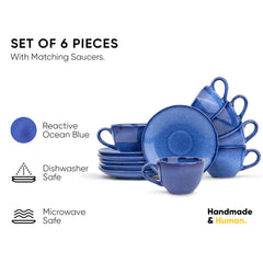 Ceramic Cup & Saucer Set Of 6 - Blue Reactive Glaze, 200ml Each Cup | Cup Saucer Set - 6 Cups + 6 Saucers | Tea Set With Glossy Finish - Ceramic Tea Cup & Saucer Set | Microwave & Dishwasher Safe