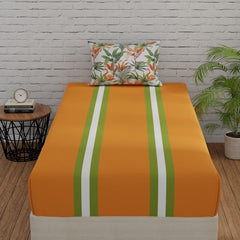 Single Bedsheet Elastic Fitted Cotton With 1 Pillow Cover | 36 X 78 Inches, Orange & Green | Ideal For Home, Guest House, Hotel | Soft & Breathable Fabric