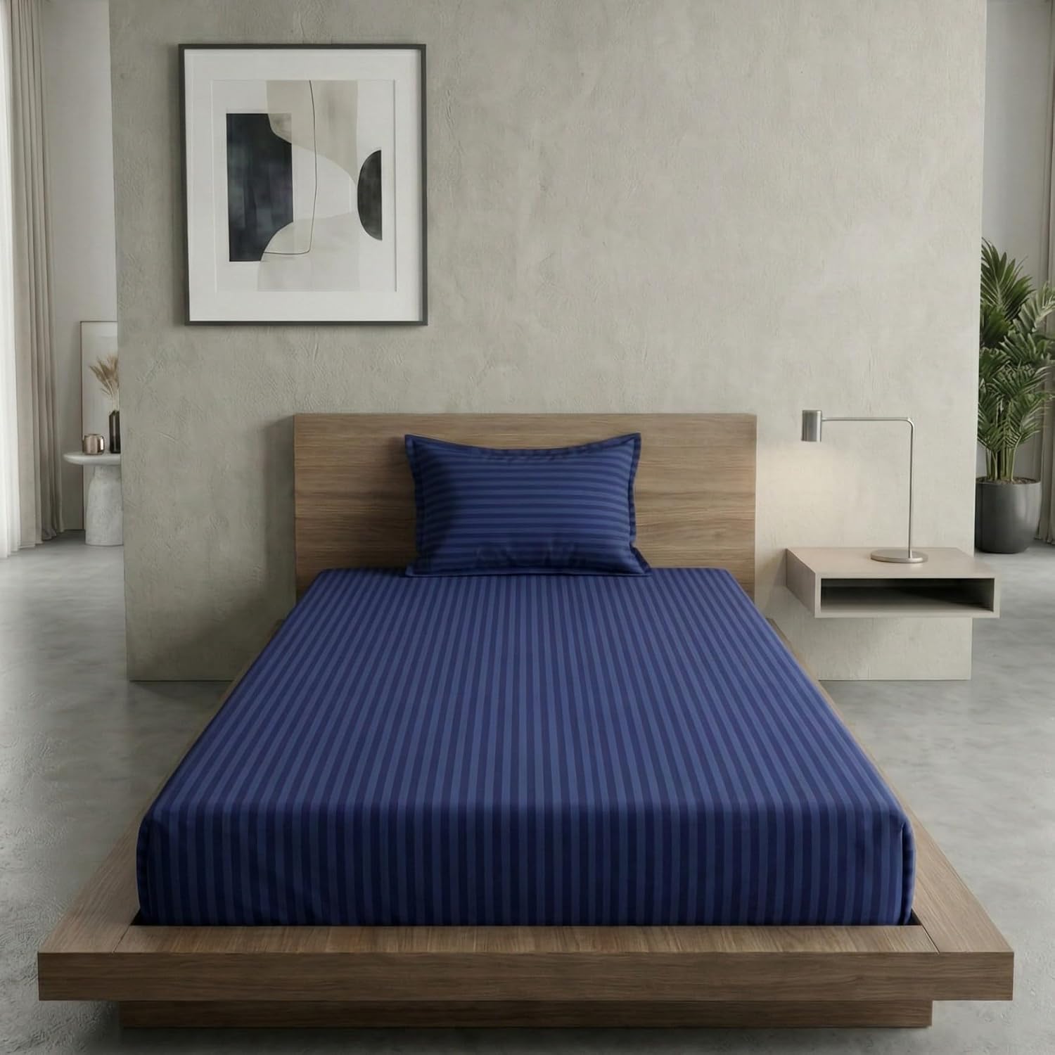 Cotton Blue Striped Single Bedsheet With 1 Pillow Cover - 55 X 90 Inches | Long-Lasting Color Comfortable Fabric Bedsheet