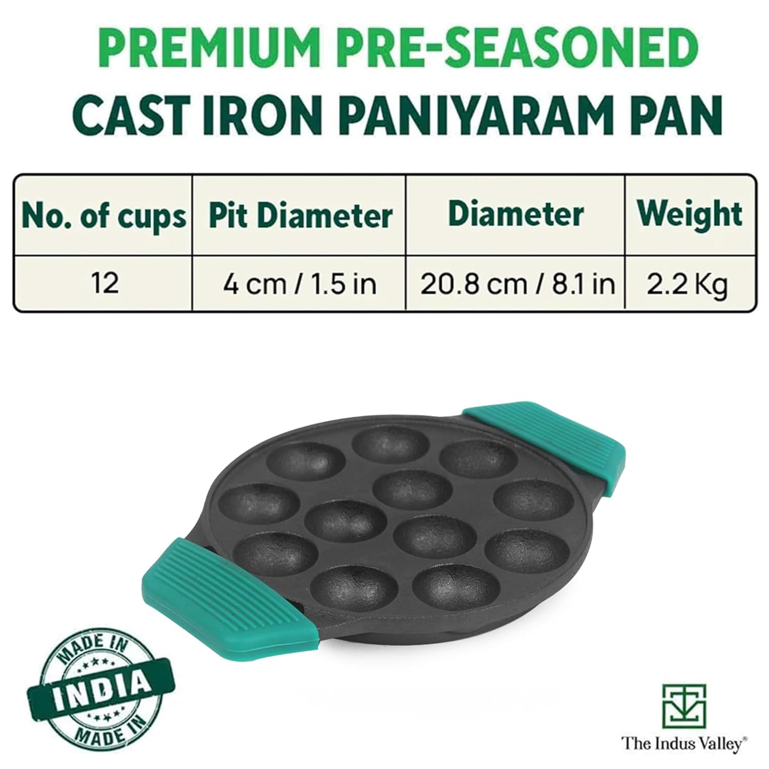 Pre-Seasoned Black Cast Iron Paniyaram Pan With Loop Handle & Silicon Grip - Medium, 12 Pits, 8.3 Inch, 21 Cm, 2 Kg | Nonstick Appe Or Paddu Pan, 100% Pure & Toxin-Free, No Chemical Coating