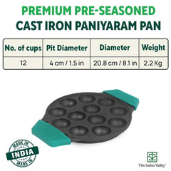 Pre-Seasoned Black Cast Iron Paniyaram Pan With Loop Handle & Silicon Grip - Medium, 12 Pits, 8.3 Inch, 21 Cm, 2 Kg | Nonstick Appe Or Paddu Pan, 100% Pure & Toxin-Free, No Chemical Coating