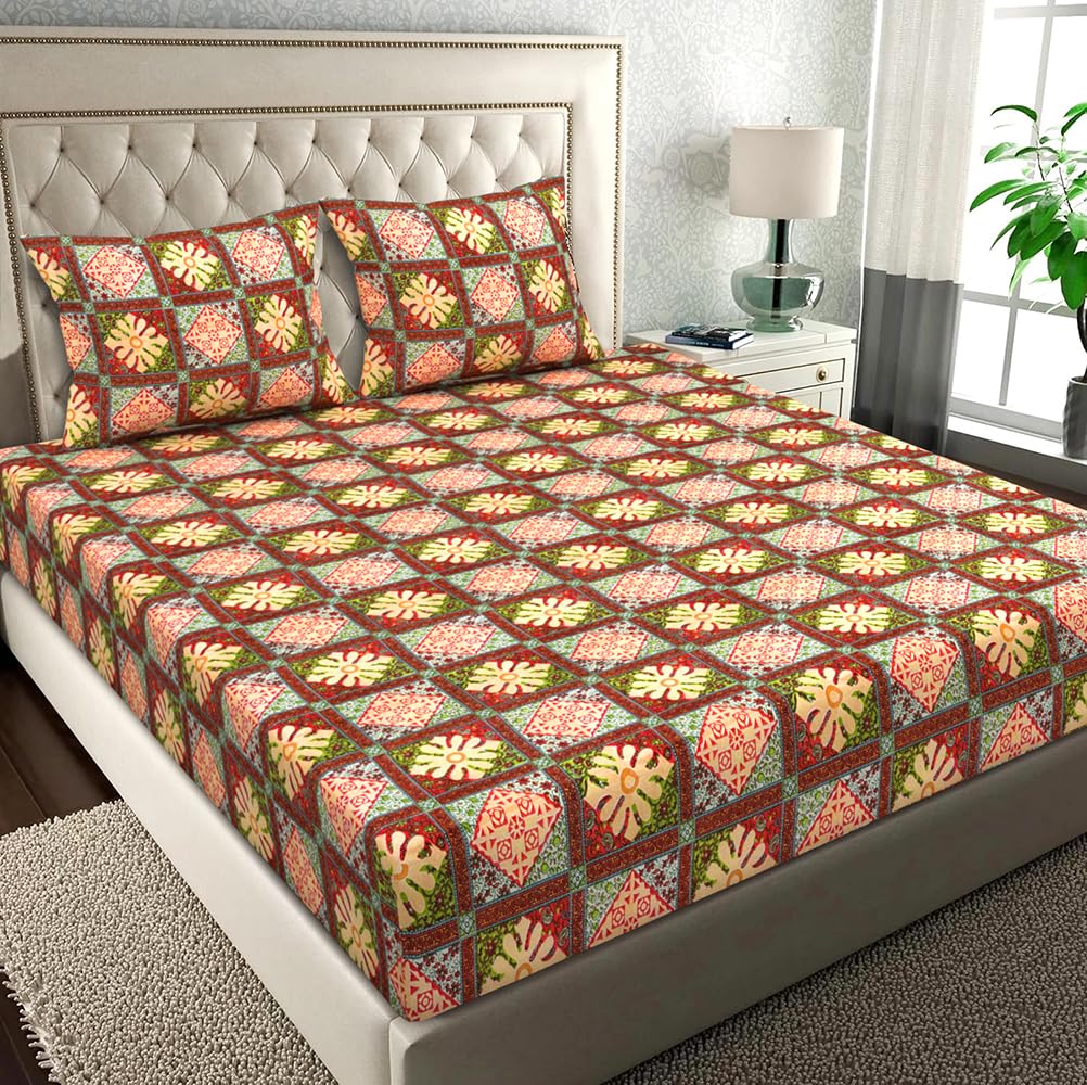 100% Pure Microfiber Double Bedsheet For With 2 Pillow Covers - 86 X 88 Inches, Beige & Green | Traditional Handcrafted Design-Ideal For All Seasons Bedsheet