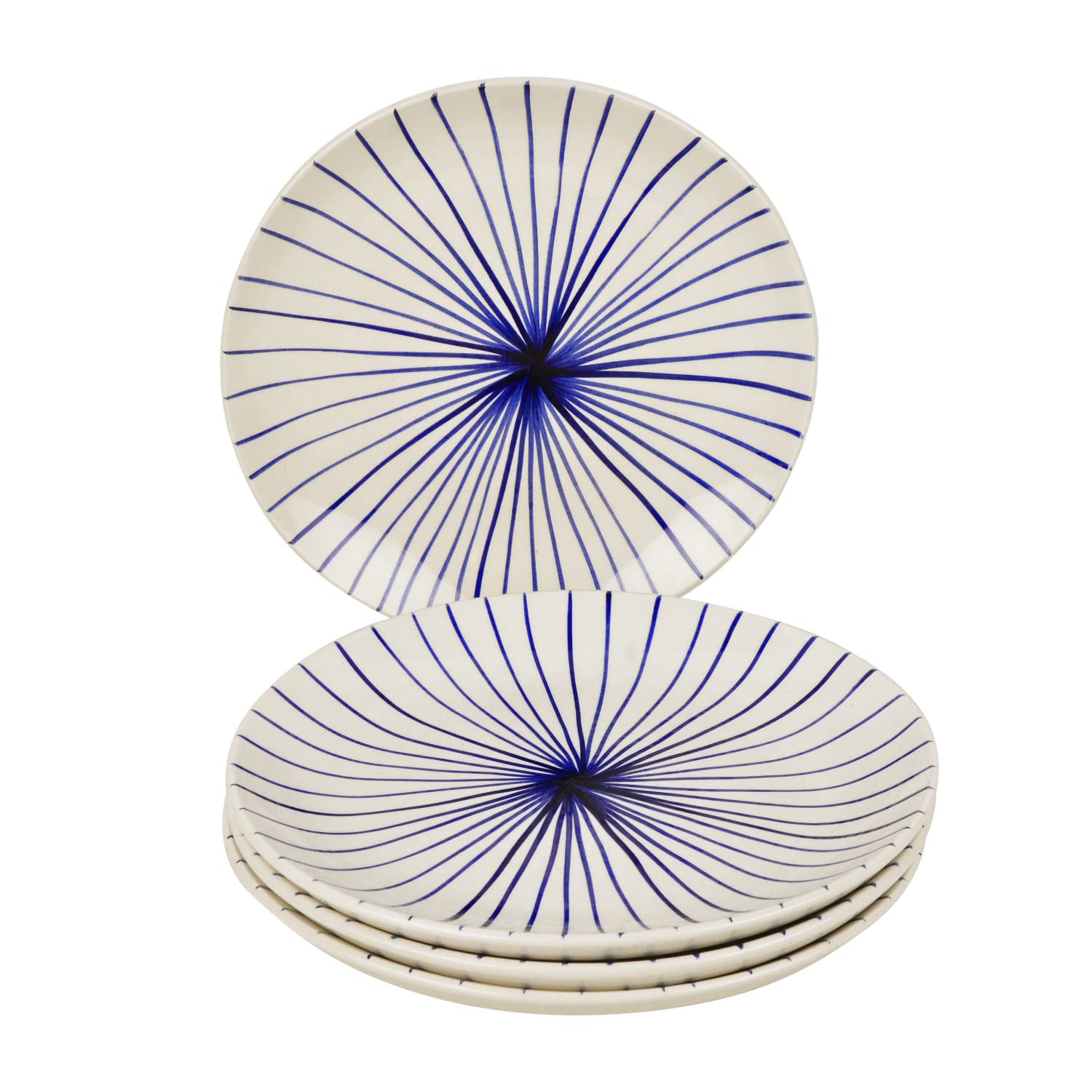 Ceramic Striped Dinner Serving Plates Set Of 4 - White & Blue, Diameter: 10 Inches | Ceramic Full Plates - Blue Kasa Line