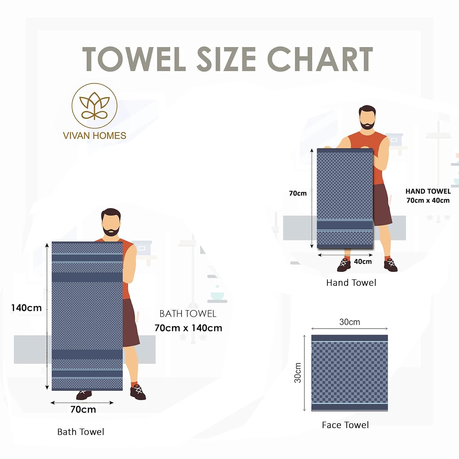 Vivan Homes 100% Cotton Bath, Hand & Face Towel 900 Gsm | Soft & Absorbent Ultra Soft & Quick Dry Bath Towels For Men Women Towel Set - Blue (Set Of 3)