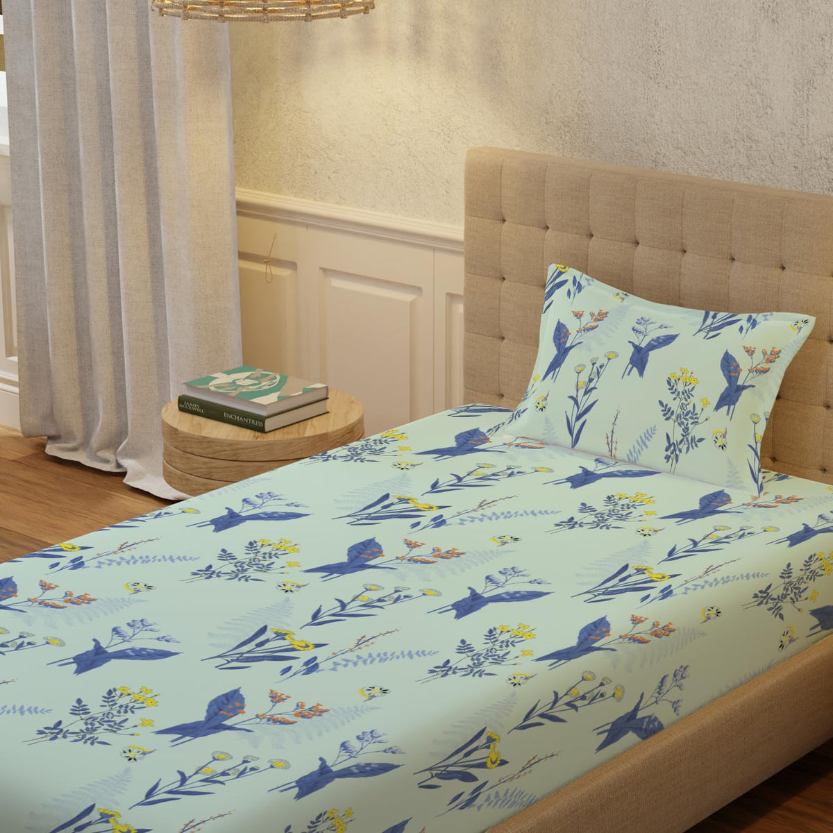 Printed Bedsheet For Single Bed With 1 Pillow Cover (Size 58 X 90 Inches) Mint Blue | Bedding Set Is Beautifully Coordinated | Breathable, Lightweight & Easy To Maintain