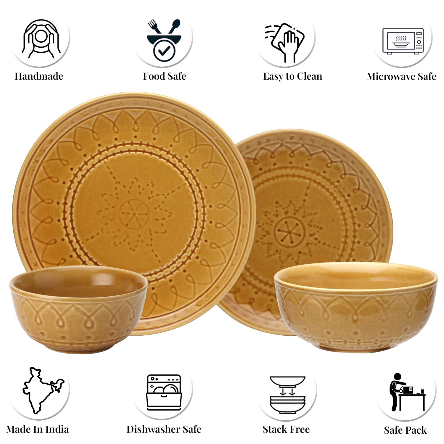 Handcrafted Stoneware Embossed Ceramic Dinner Set Of 20 Pcs With Serving Bowl Set - Golden Brown | 6 Dinner Plates+ 6 Small Plates+ 6 Small Dinner Bowls, 180ml Each+ 2 Serving Bowl, 1000ml Each