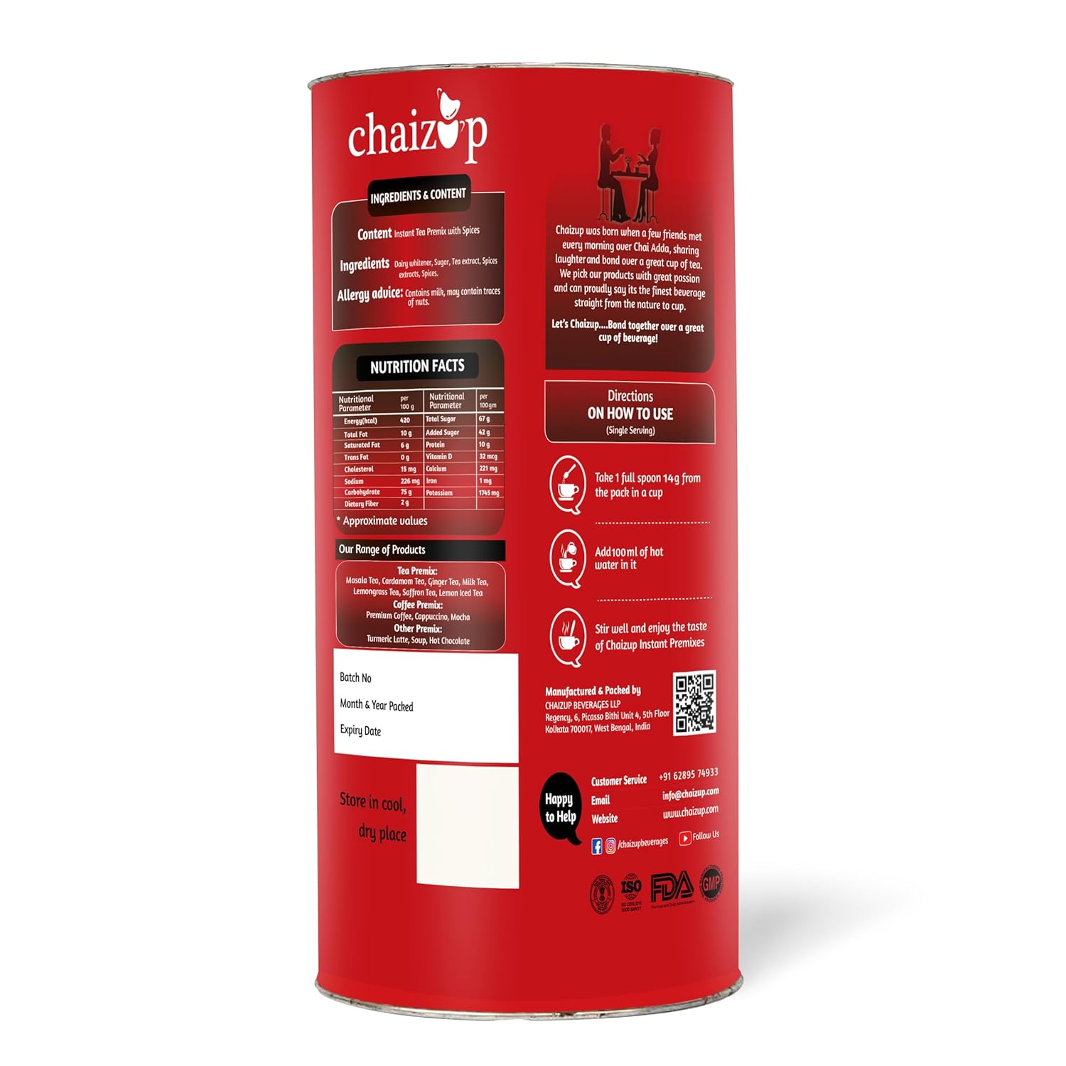 Chaizup Premium 1 Min Instant Masala Tea Premix - 1 Kg Can, 35.2 Ounce | Just Add Hot Water - Assam Masala Chai Powder | Low Caffeine, No Added Color - Home Like Tea