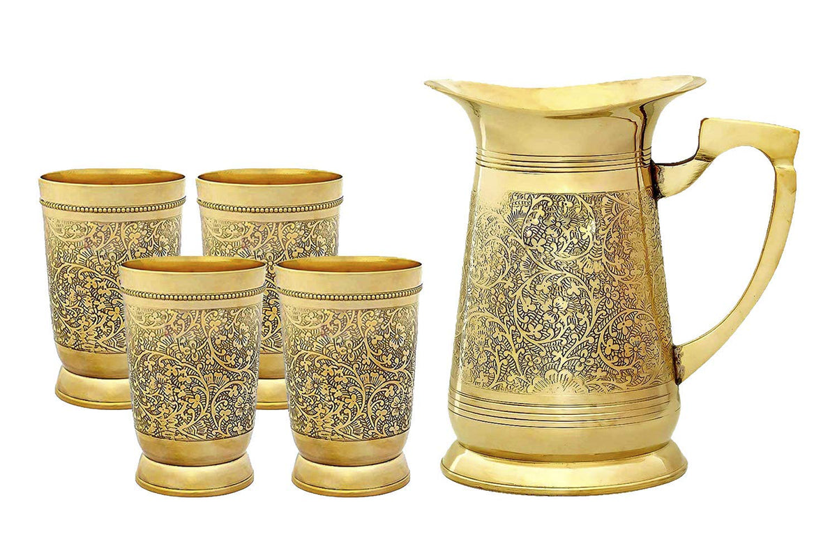 Pure Brass Jug Or Pitcher With 4 Glasses Set | Drink Ware Set Capacity: Jug -1000ml, Glass - 300ml | Luxury Antique Look